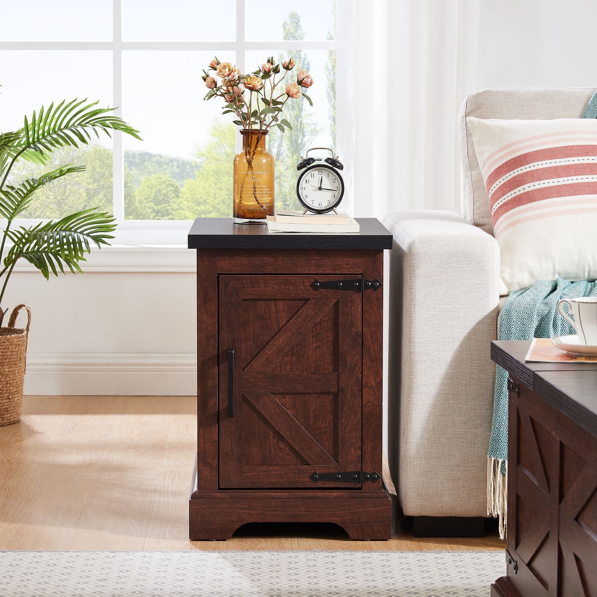 Farmhouse End table Nightstand Rectangular Farmhouse End Table with Barn Door and Adjustable Storage Shelf, Rustic Sofa Side Table for Living Room, Bedroom - Comfortable Living Decor