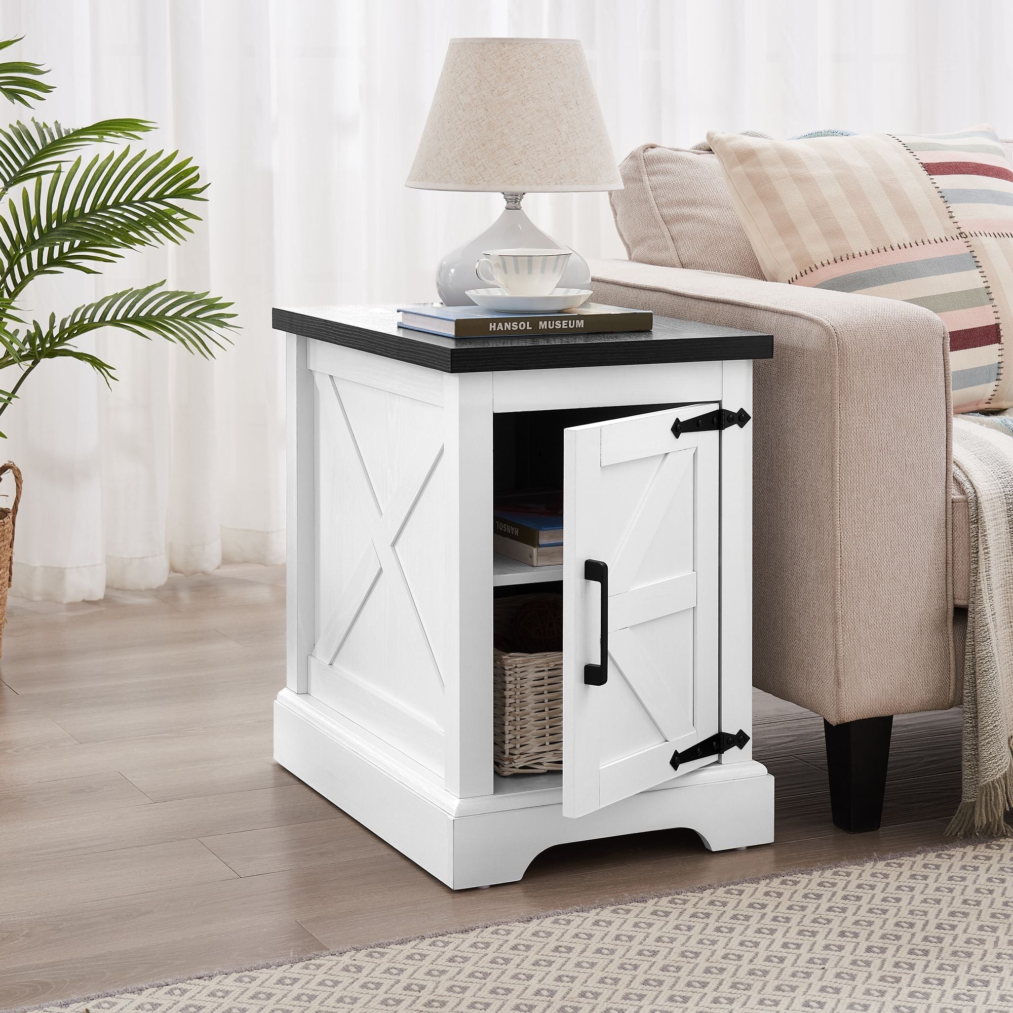 Farmhouse End table Nightstand Rectangular Farmhouse End Table with Barn Door and Adjustable Storage Shelf, Rustic Sofa Side Table for Living Room, Bedroom - Comfortable Living Decor