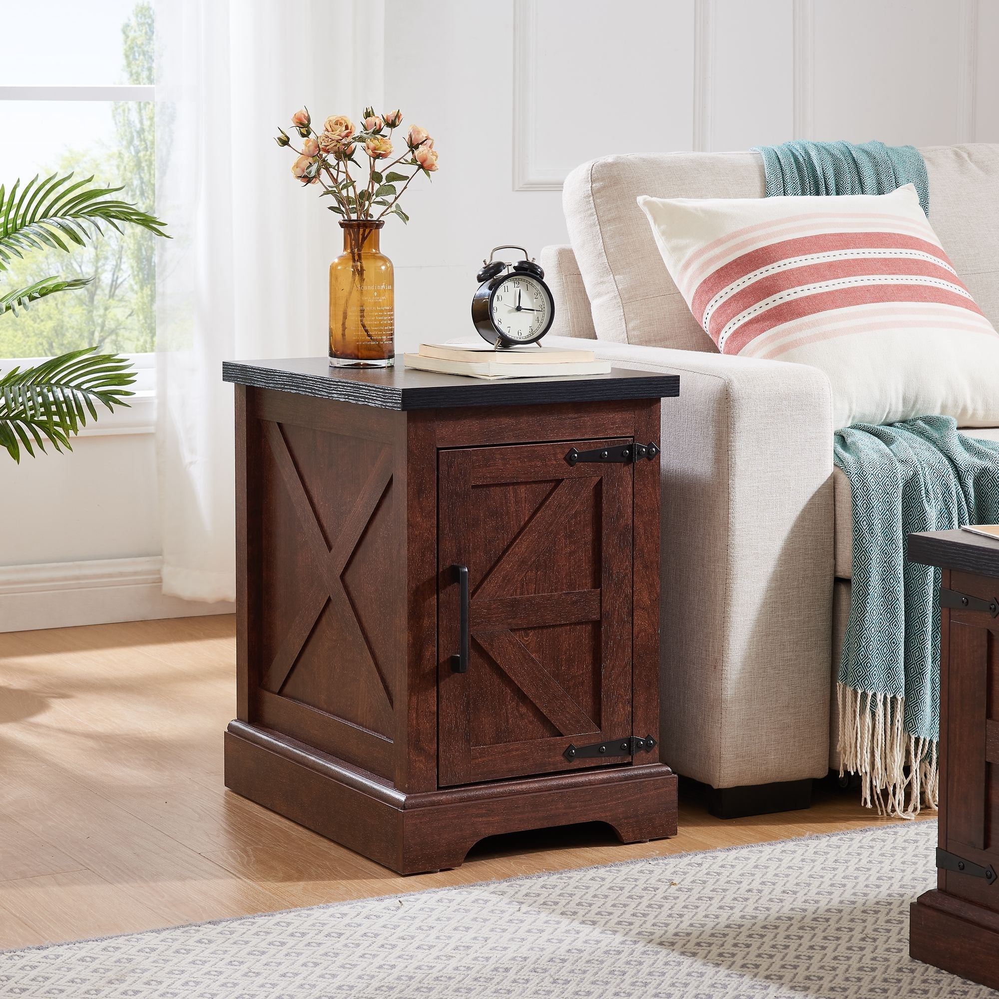 Farmhouse End table Nightstand Rectangular Farmhouse End Table with Barn Door and Adjustable Storage Shelf, Rustic Sofa Side Table for Living Room, Bedroom - Comfortable Living Decor