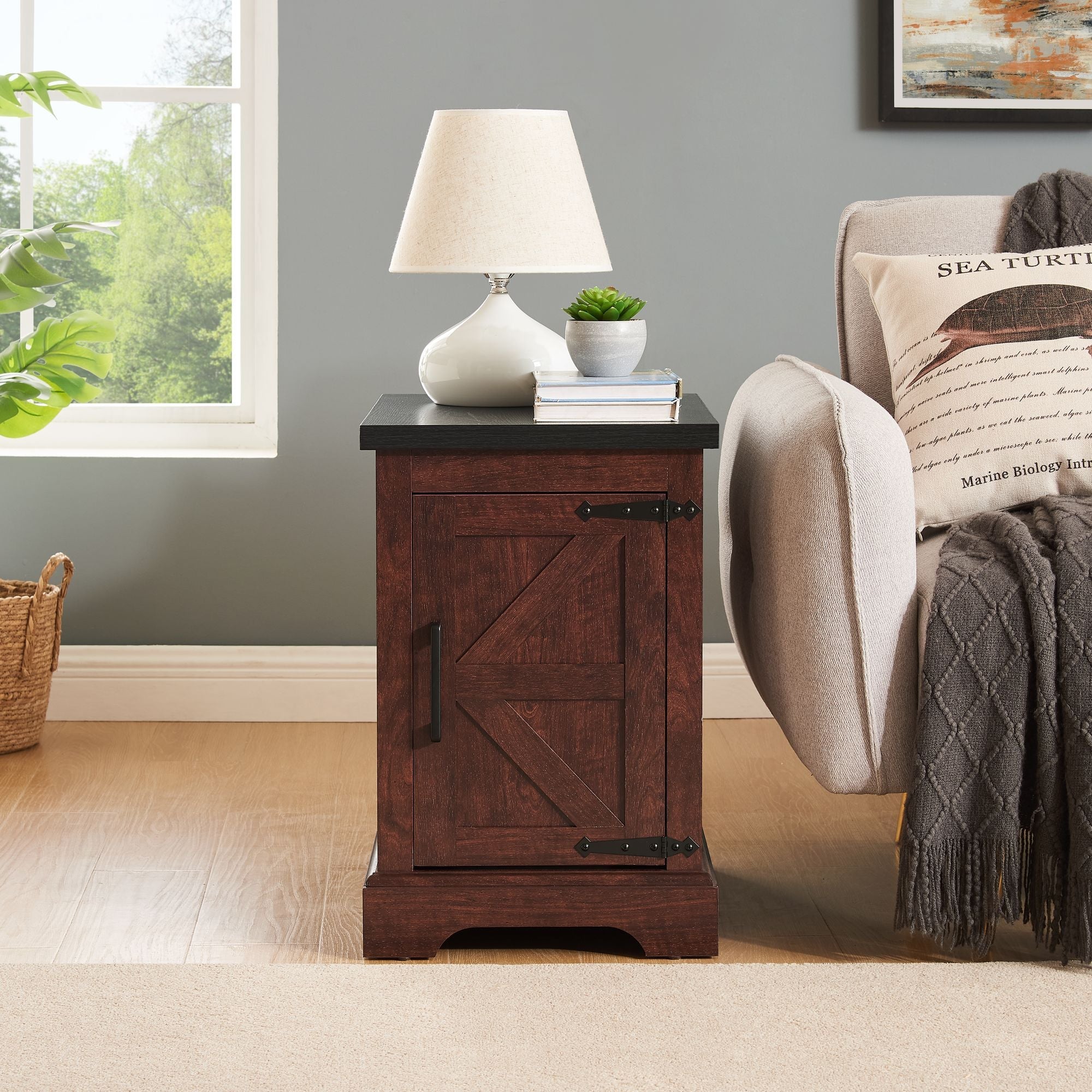 Farmhouse End table Nightstand Rectangular Farmhouse End Table with Barn Door and Adjustable Storage Shelf, Rustic Sofa Side Table for Living Room, Bedroom - Comfortable Living Decor