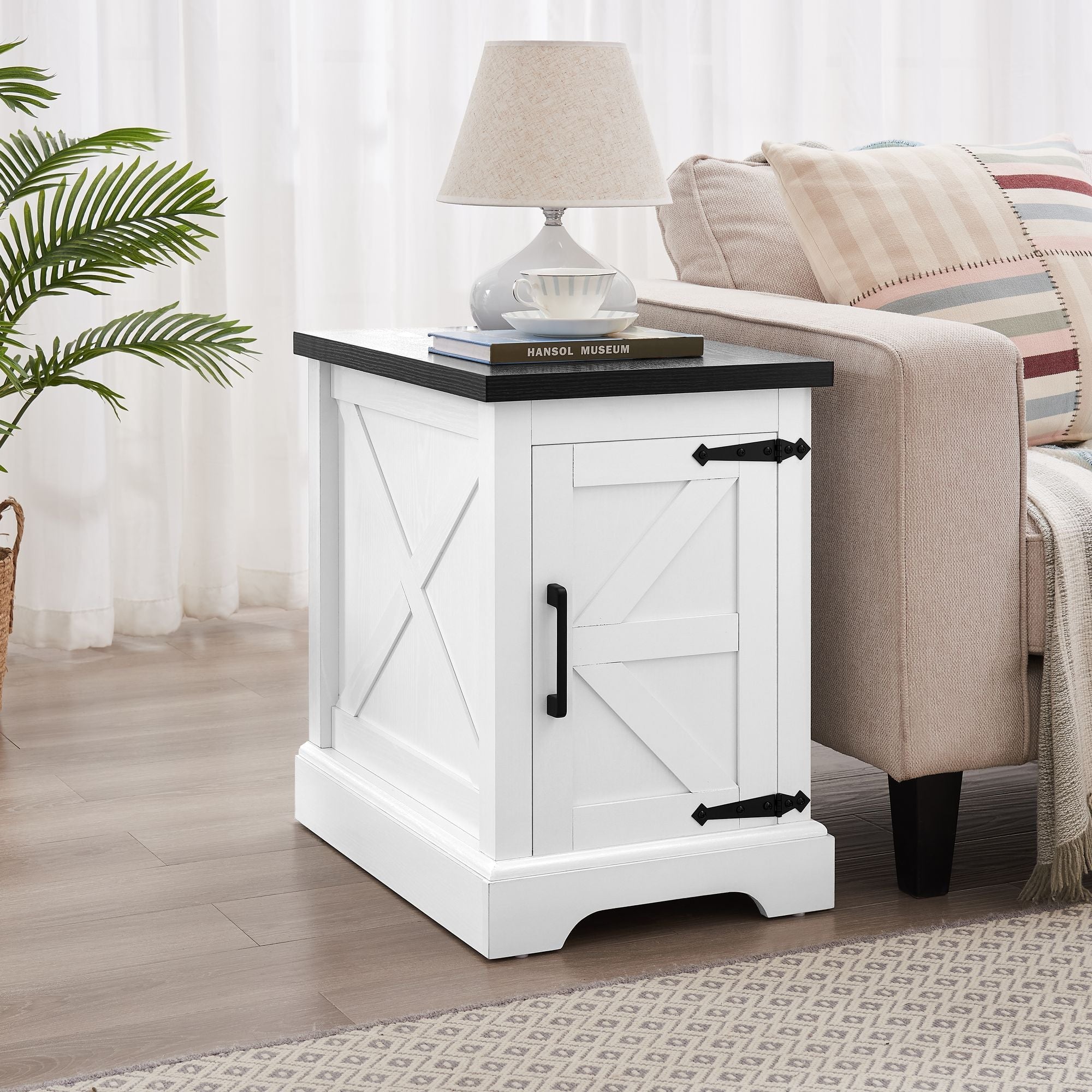 Farmhouse End table Nightstand Rectangular Farmhouse End Table with Barn Door and Adjustable Storage Shelf, Rustic Sofa Side Table for Living Room, Bedroom - Comfortable Living Decor