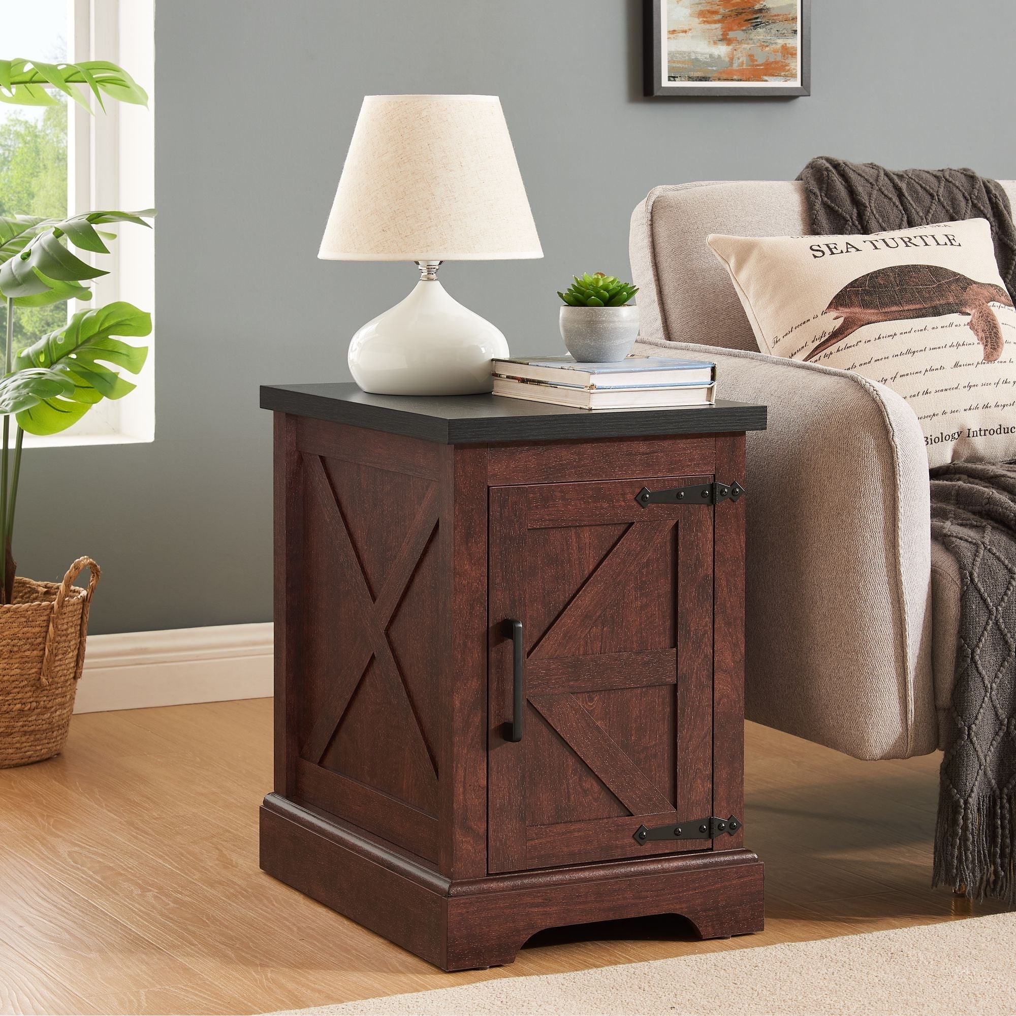 Farmhouse End table Nightstand Rectangular Farmhouse End Table with Barn Door and Adjustable Storage Shelf, Rustic Sofa Side Table for Living Room, Bedroom - Comfortable Living Decor