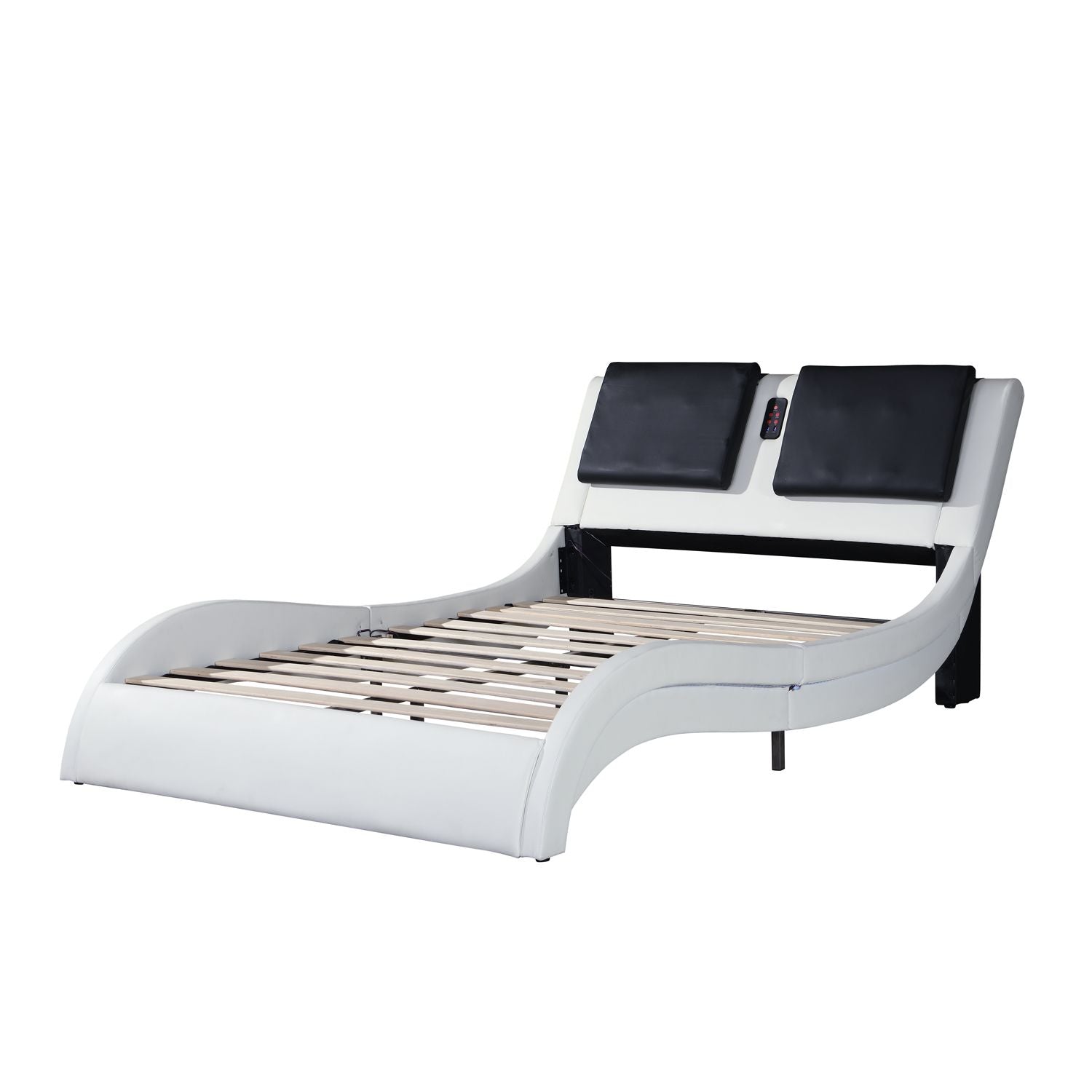 Faux Leather Upholstered Platform Bed Frame with led lighting; Bluetooth connection to play music RGB control; Backrest vibration massage; Curve Design; Wood Slat Support; No Box Spring Needed; Queen - Comfortable Living Decor