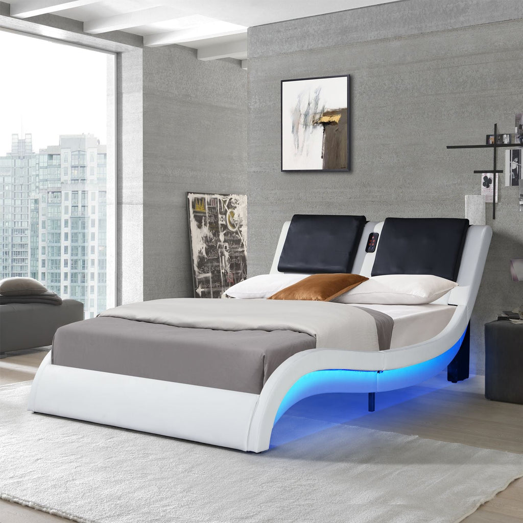 Faux Leather Upholstered Platform Bed Frame with led lighting; Bluetooth connection to play music RGB control; Backrest vibration massage; Curve Design; Wood Slat Support; No Box Spring Needed; Queen - Comfortable Living Decor
