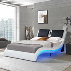 Faux Leather Upholstered Platform Bed Frame with led lighting; Bluetooth connection to play music RGB control; Backrest vibration massage; Curve Design; Wood Slat Support; No Box Spring Needed; Queen - Comfortable Living Decor
