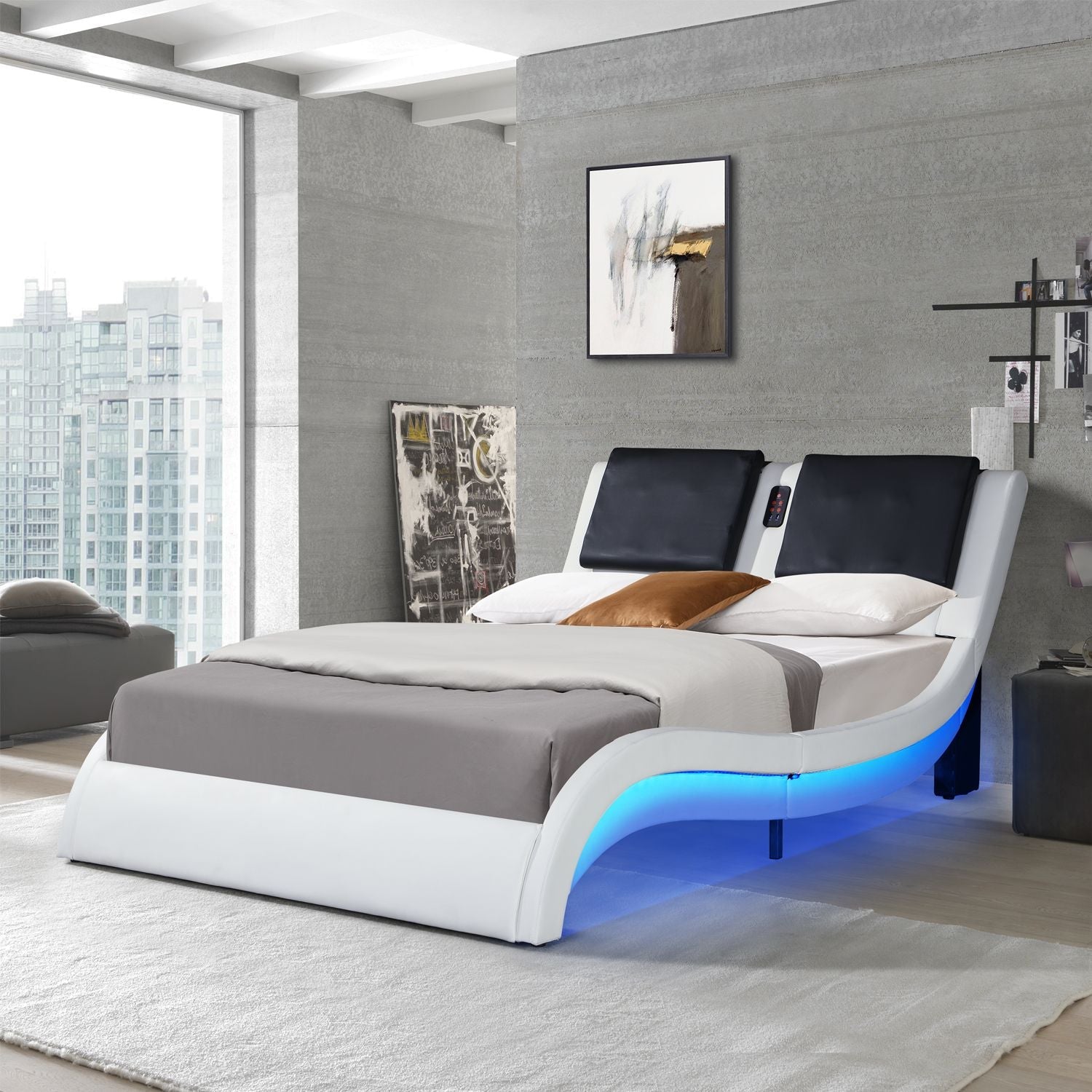 Faux Leather Upholstered Platform Bed Frame with led lighting; Bluetooth connection to play music RGB control; Backrest vibration massage; Curve Design; Wood Slat Support; No Box Spring Needed; Queen - Comfortable Living Decor