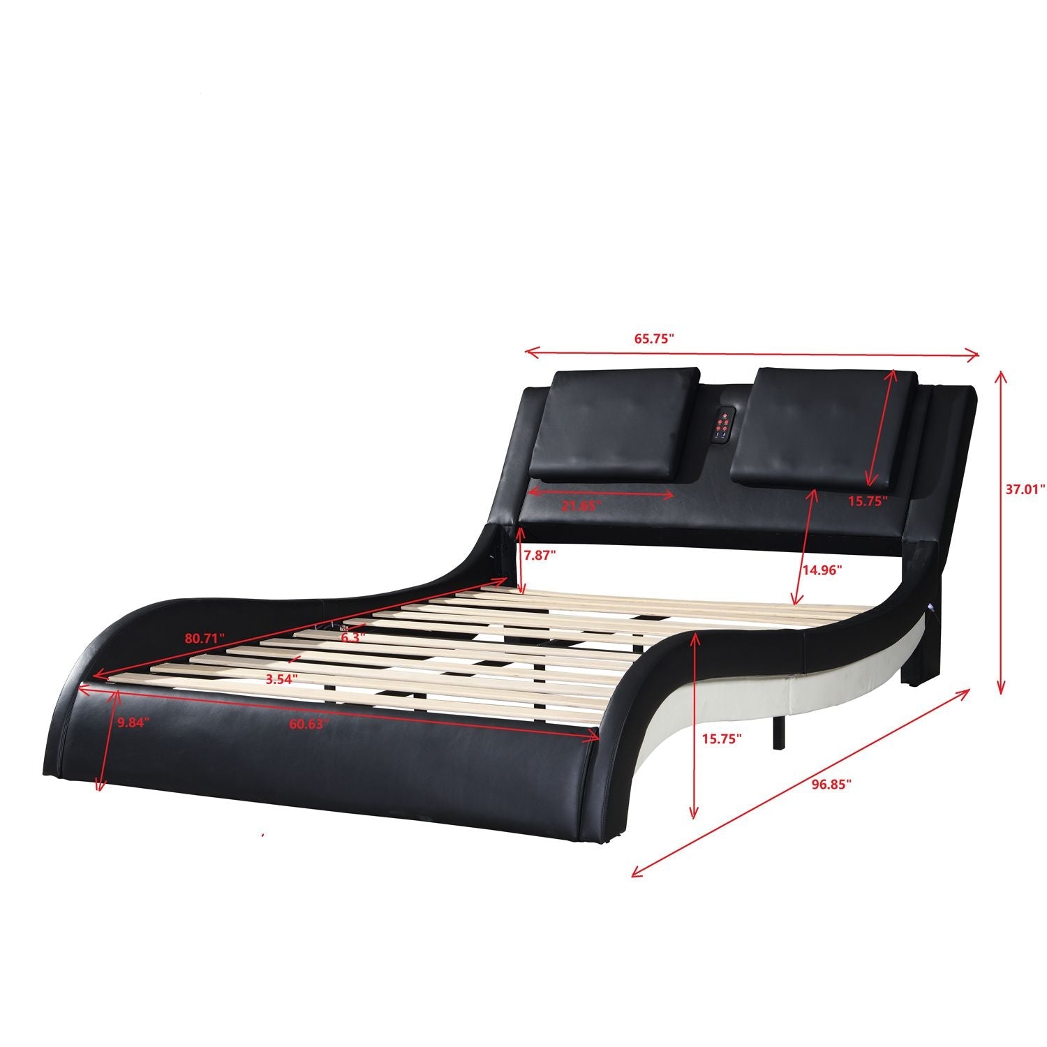Faux Leather Upholstered Platform Bed Frame with led lighting; Bluetooth connection to play music RGB control; Backrest vibration massage; Curve Design; Wood Slat Support; No Box Spring Needed; Queen - Comfortable Living Decor