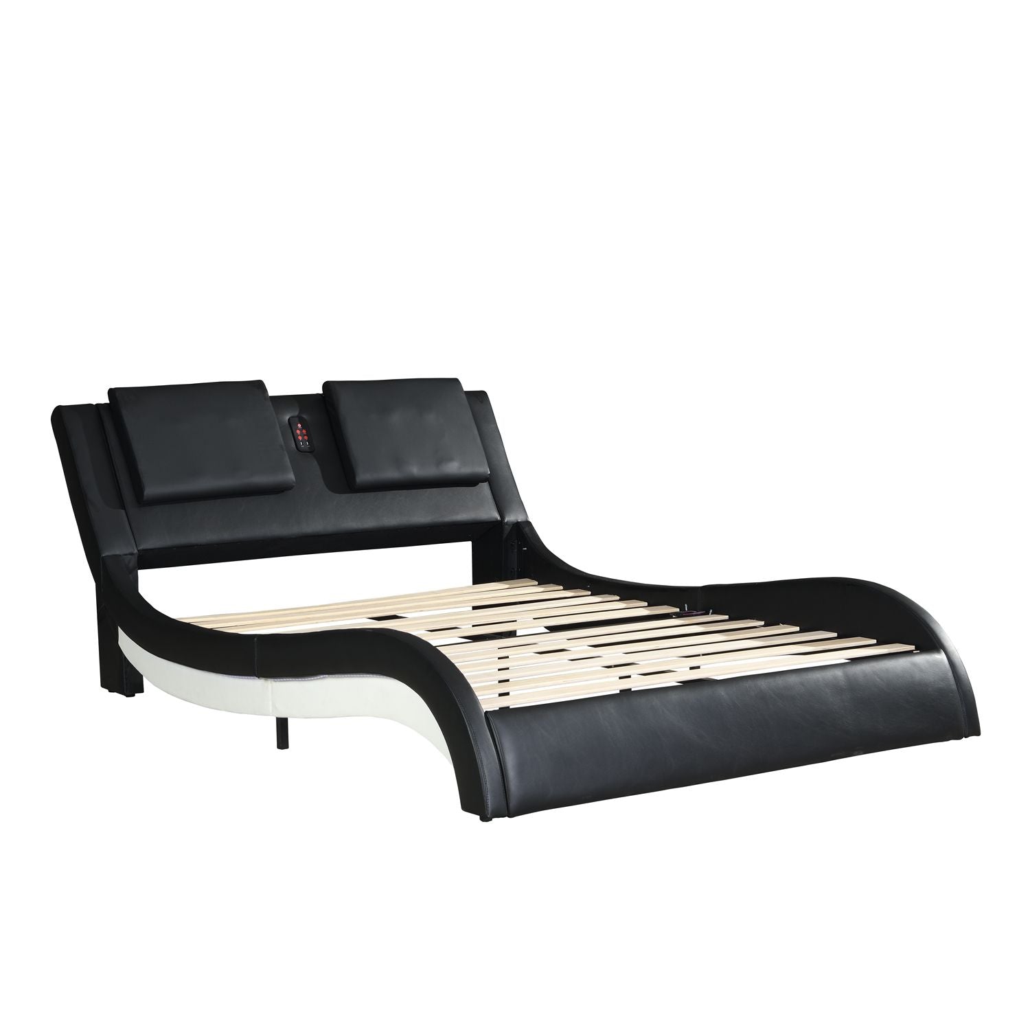 Faux Leather Upholstered Platform Bed Frame with led lighting; Bluetooth connection to play music RGB control; Backrest vibration massage; Curve Design; Wood Slat Support; No Box Spring Needed; Queen - Comfortable Living Decor