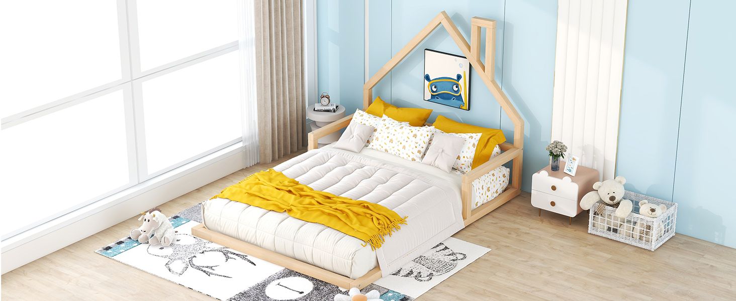 Full Size Wood Floor Bed with House - shaped Headboard - Comfortable Living Decor
