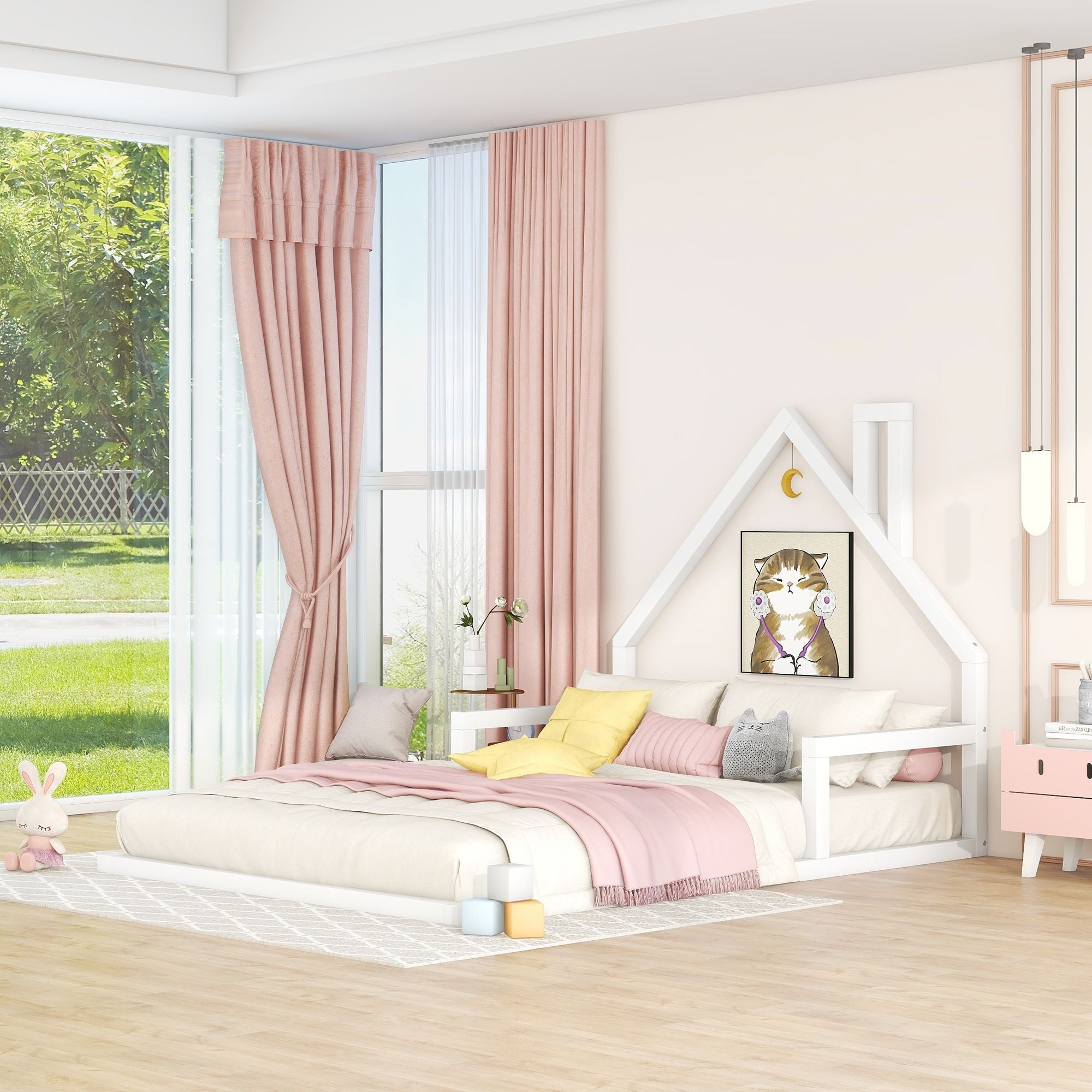 Full Size Wood Floor Bed with House - shaped Headboard - Comfortable Living Decor