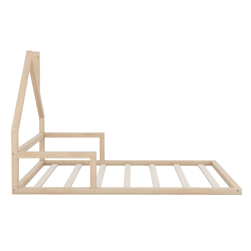 Full Size Wood Floor Bed with House - shaped Headboard - Comfortable Living Decor