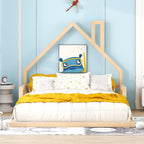 Full Size Wood Floor Bed with House - shaped Headboard - Comfortable Living Decor