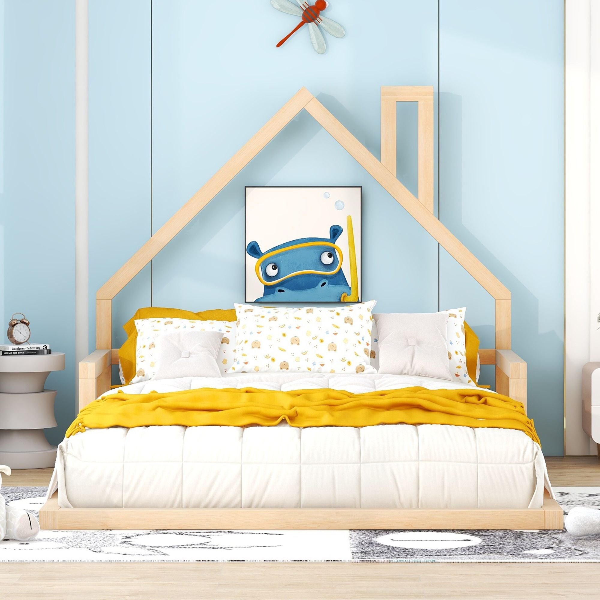 Full Size Wood Floor Bed with House - shaped Headboard - Comfortable Living Decor