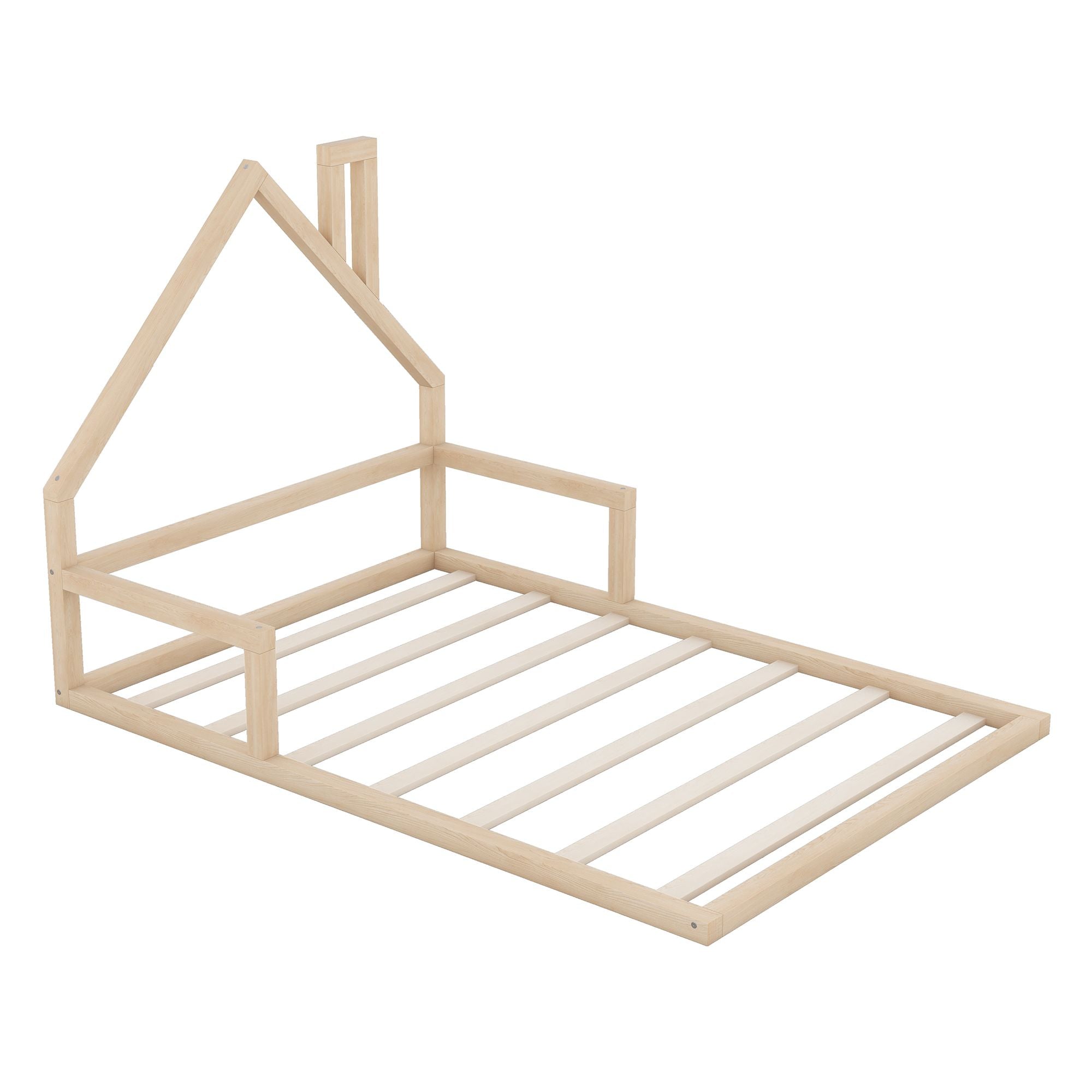 Full Size Wood Floor Bed with House - shaped Headboard - Comfortable Living Decor