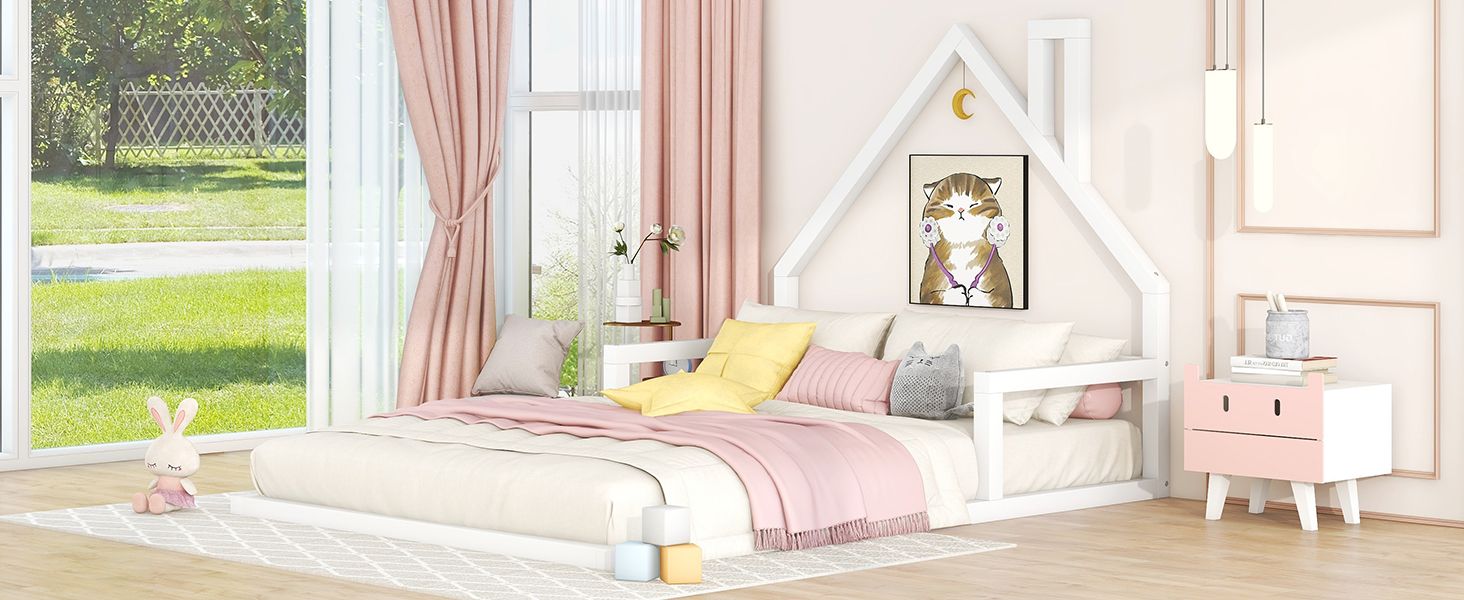 Full Size Wood Floor Bed with House - shaped Headboard - Comfortable Living Decor