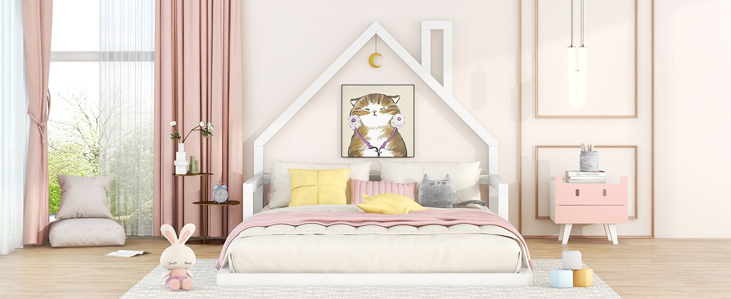Full Size Wood Floor Bed with House - shaped Headboard - Comfortable Living Decor