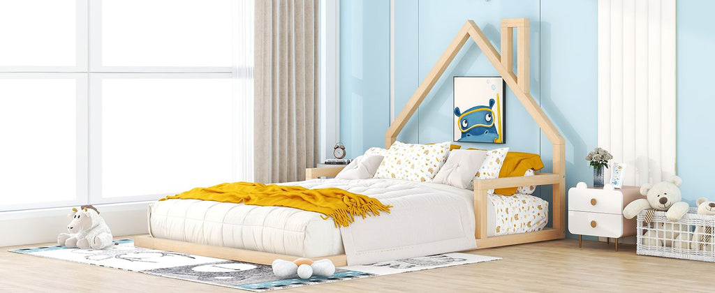 Full Size Wood Floor Bed with House - shaped Headboard - Comfortable Living Decor
