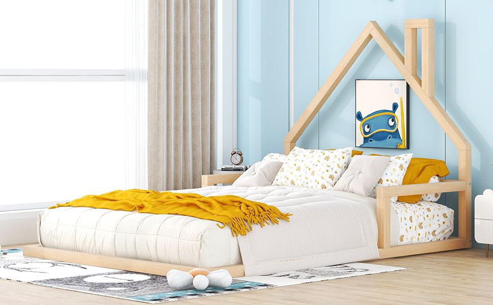 Full Size Wood Floor Bed with House - shaped Headboard - Comfortable Living Decor