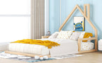 Full Size Wood Floor Bed with House - shaped Headboard - Comfortable Living Decor
