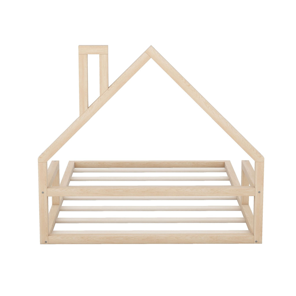 Full Size Wood Floor Bed with House - shaped Headboard - Comfortable Living Decor