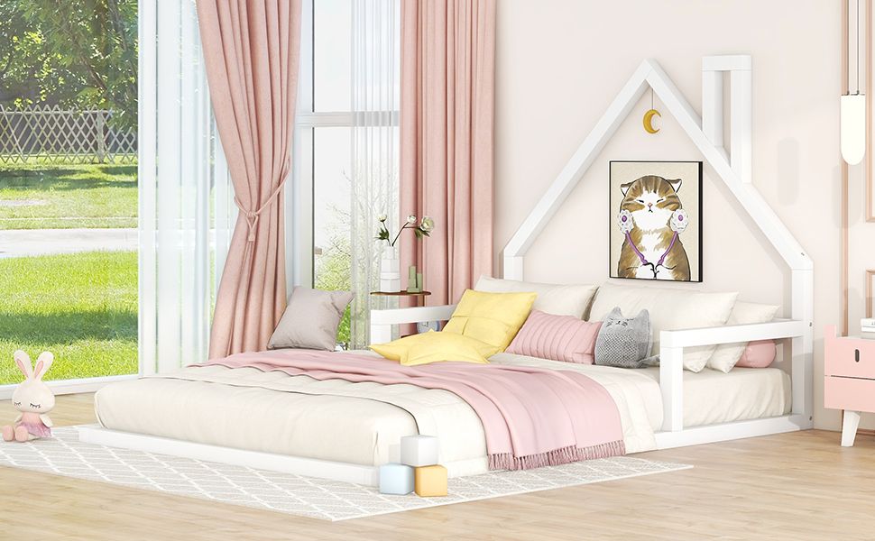Full Size Wood Floor Bed with House - shaped Headboard - Comfortable Living Decor