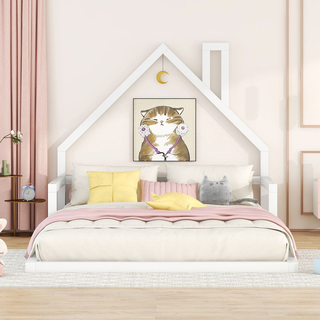 Full Size Wood Floor Bed with House - shaped Headboard - Comfortable Living Decor