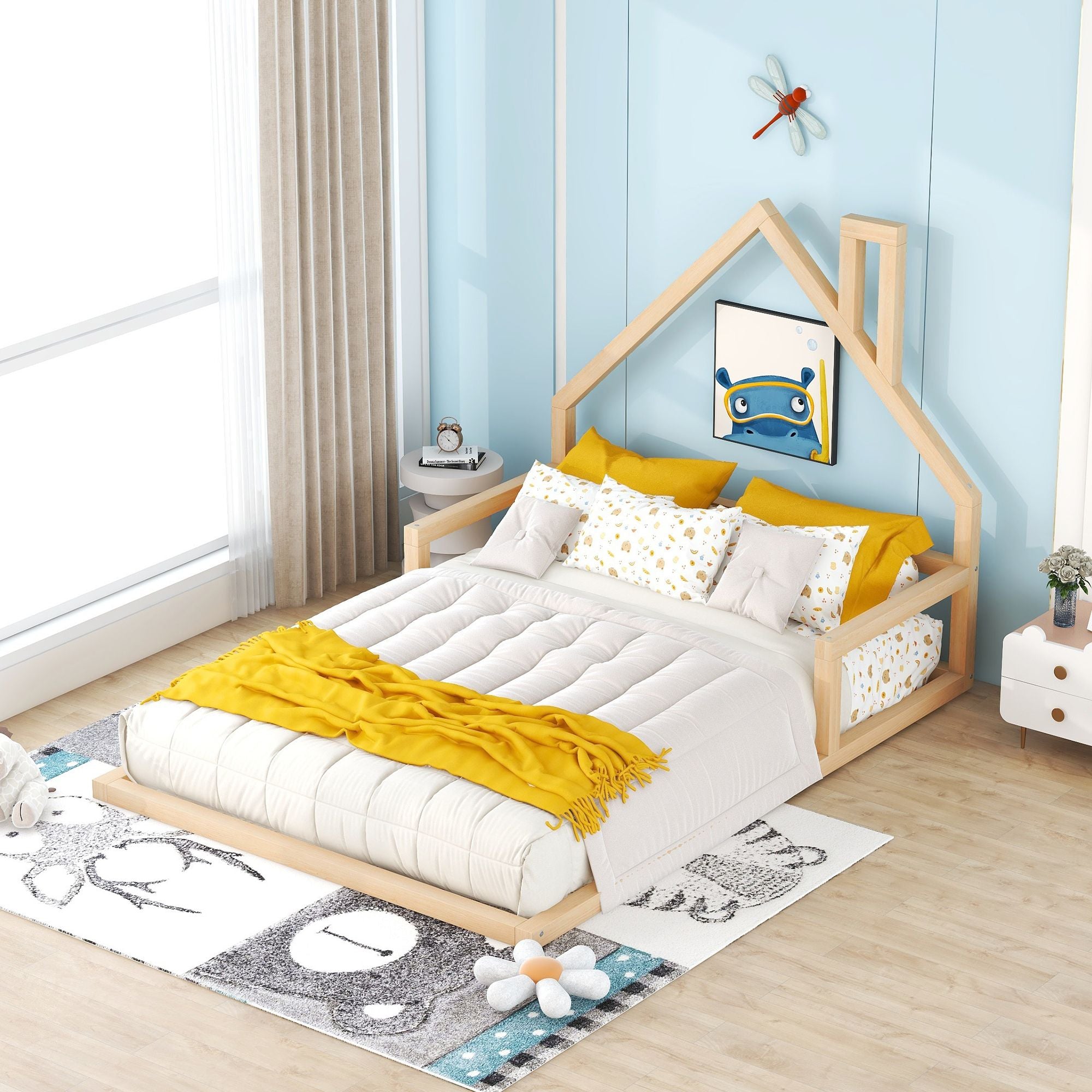 Full Size Wood Floor Bed with House - shaped Headboard - Comfortable Living Decor