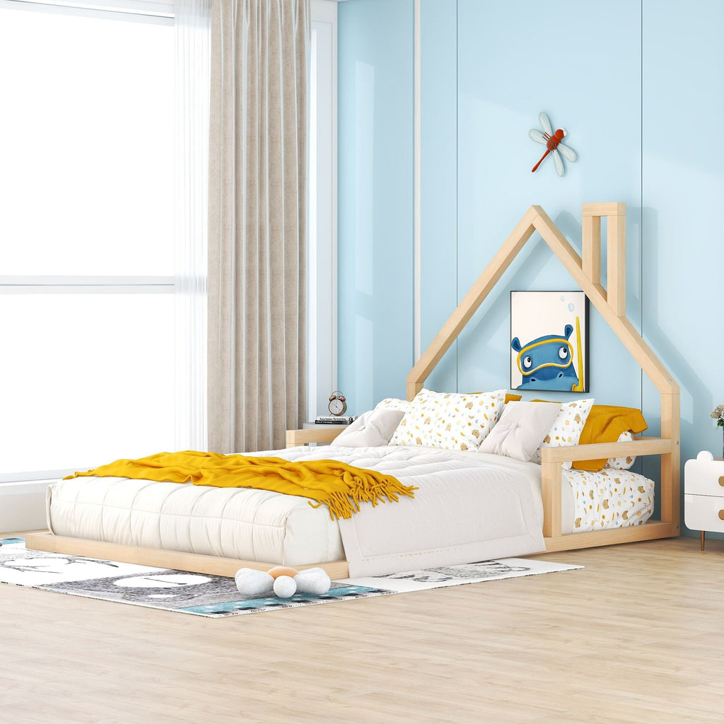 Full Size Wood Floor Bed with House - shaped Headboard - Comfortable Living Decor