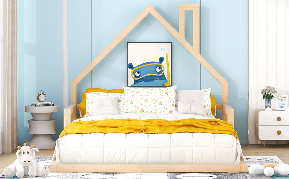 Full Size Wood Floor Bed with House - shaped Headboard - Comfortable Living Decor