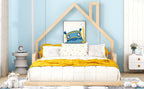 Full Size Wood Floor Bed with House - shaped Headboard - Comfortable Living Decor