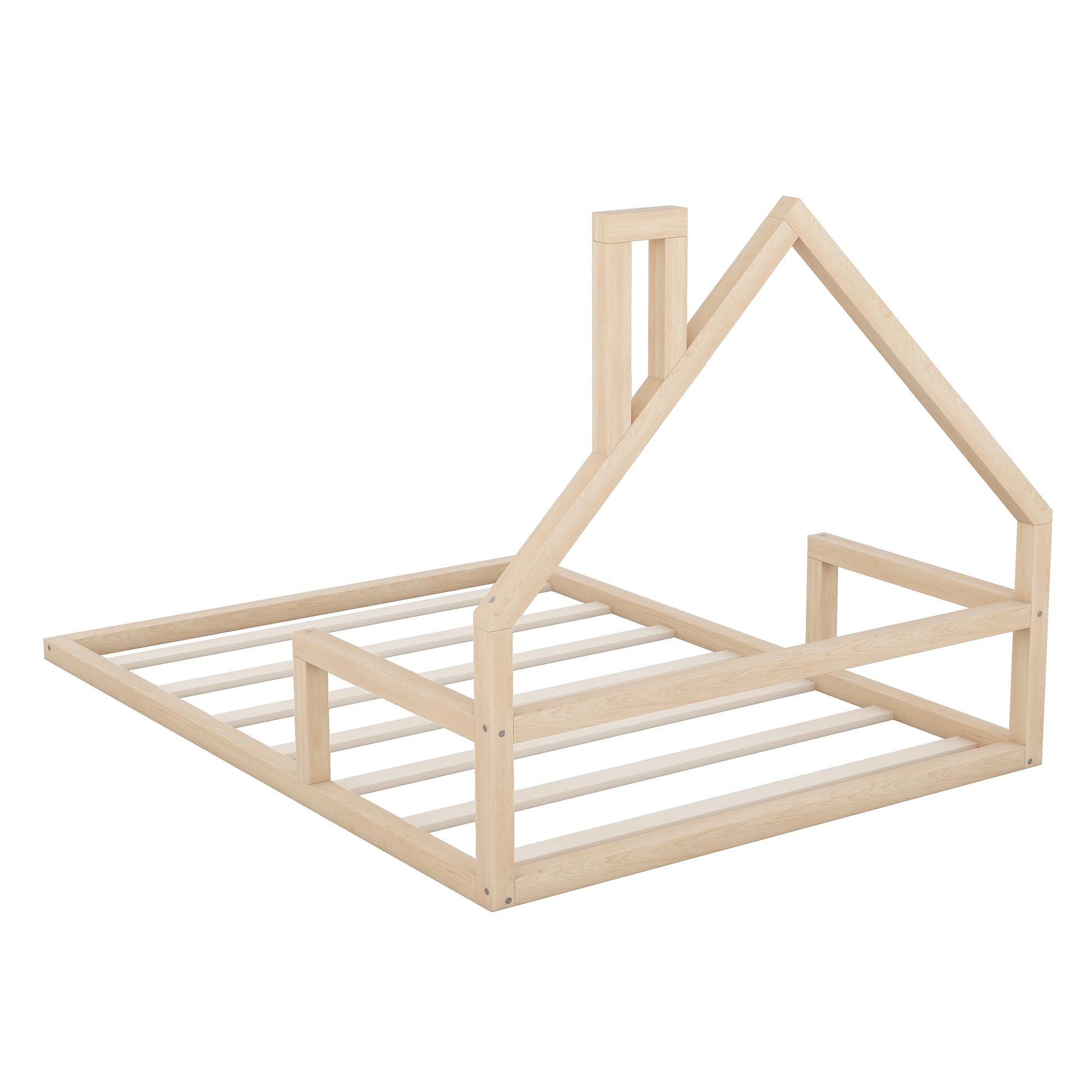 Full Size Wood Floor Bed with House - shaped Headboard - Comfortable Living Decor