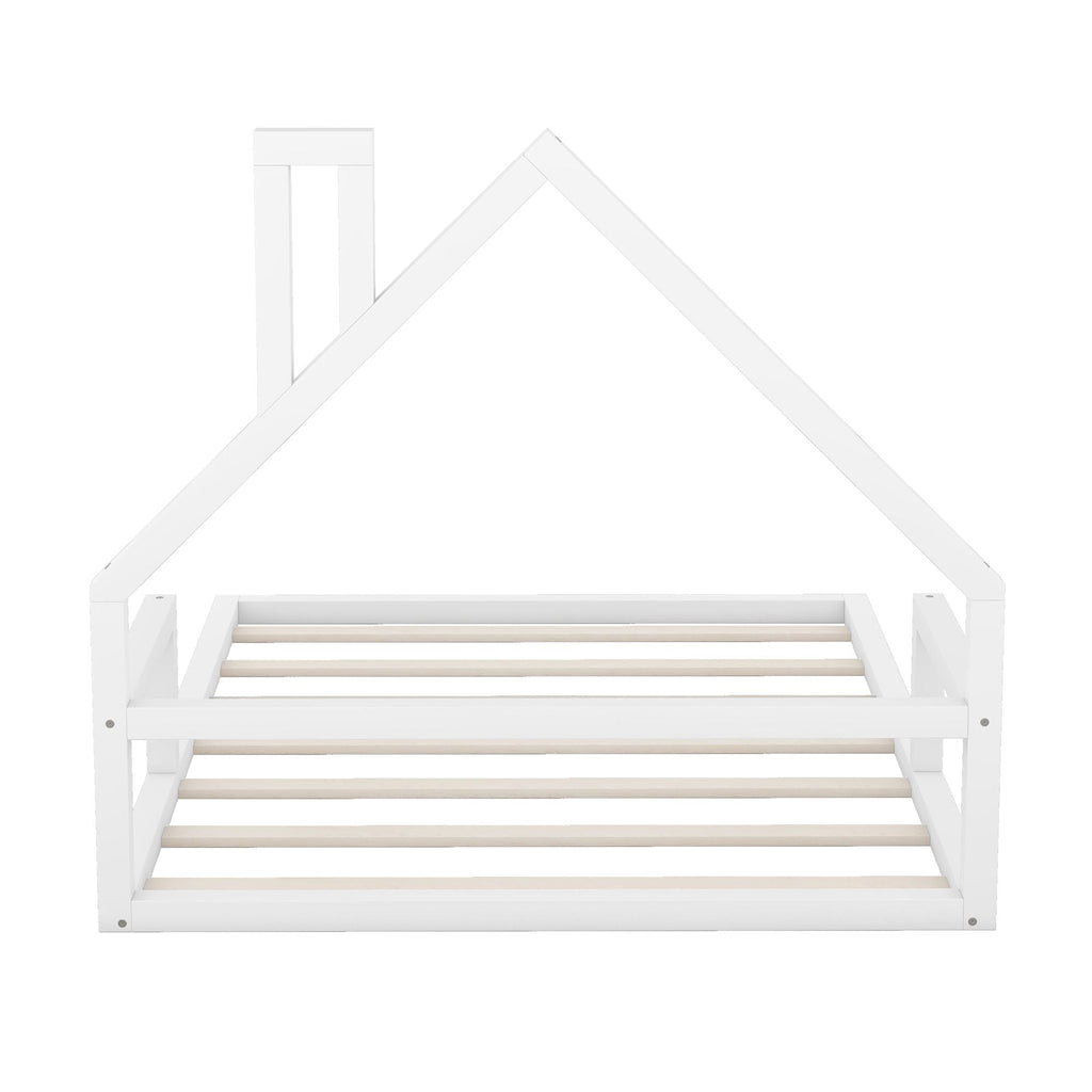 Full Size Wood Floor Bed with House - shaped Headboard - Comfortable Living Decor