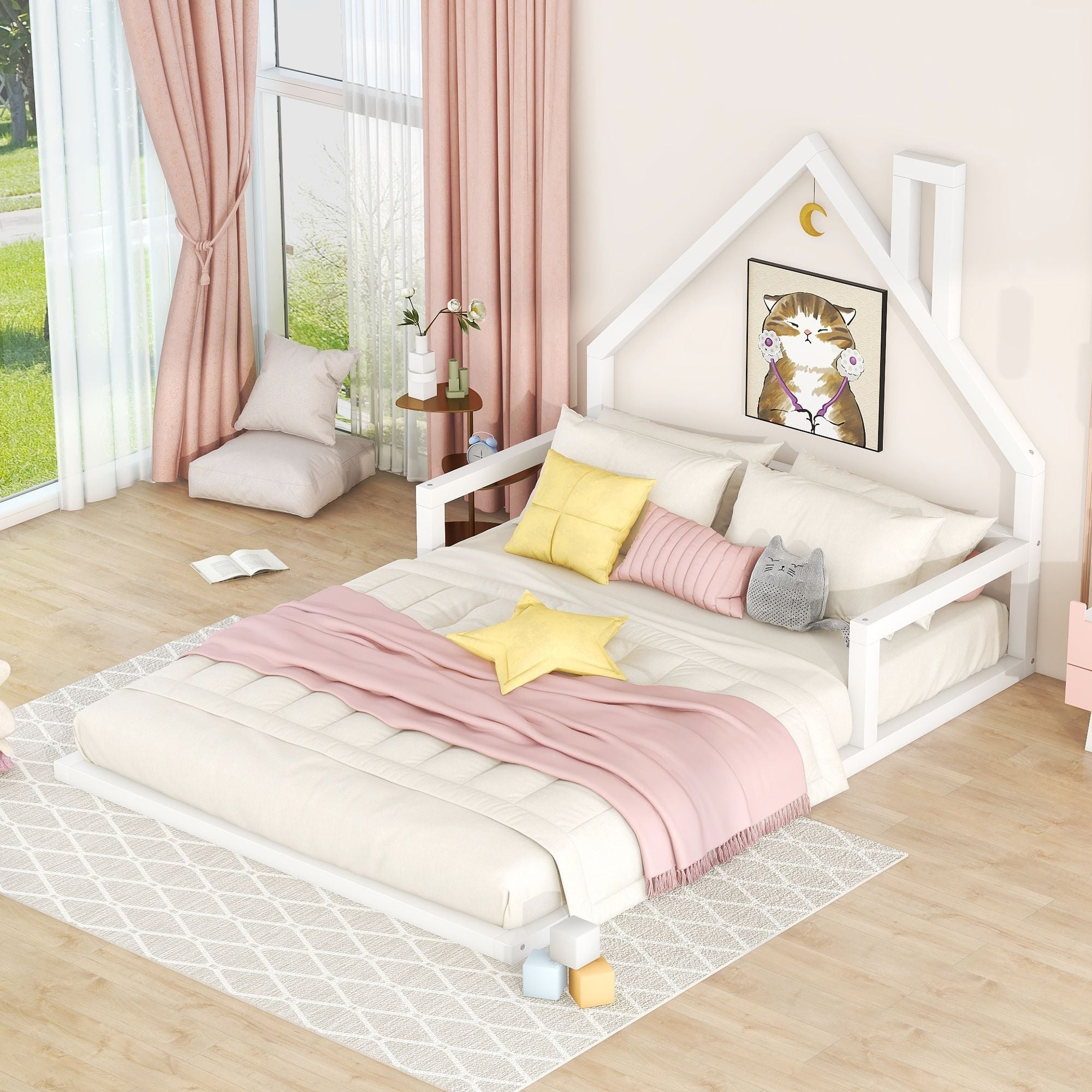 Full Size Wood Floor Bed with House - shaped Headboard - Comfortable Living Decor