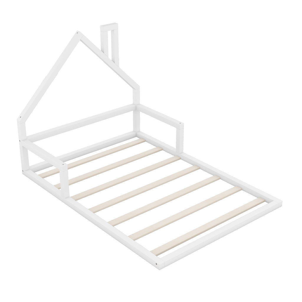 Full Size Wood Floor Bed with House - shaped Headboard - Comfortable Living Decor