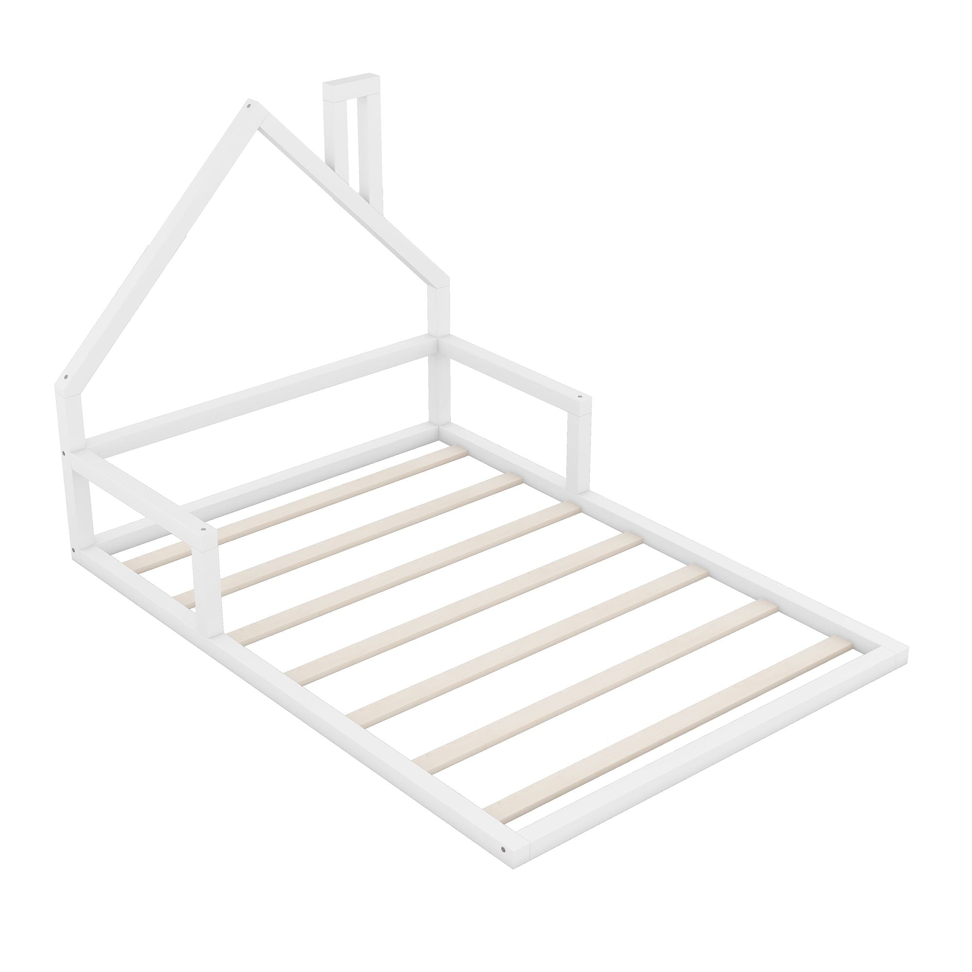 Full Size Wood Floor Bed with House - shaped Headboard - Comfortable Living Decor
