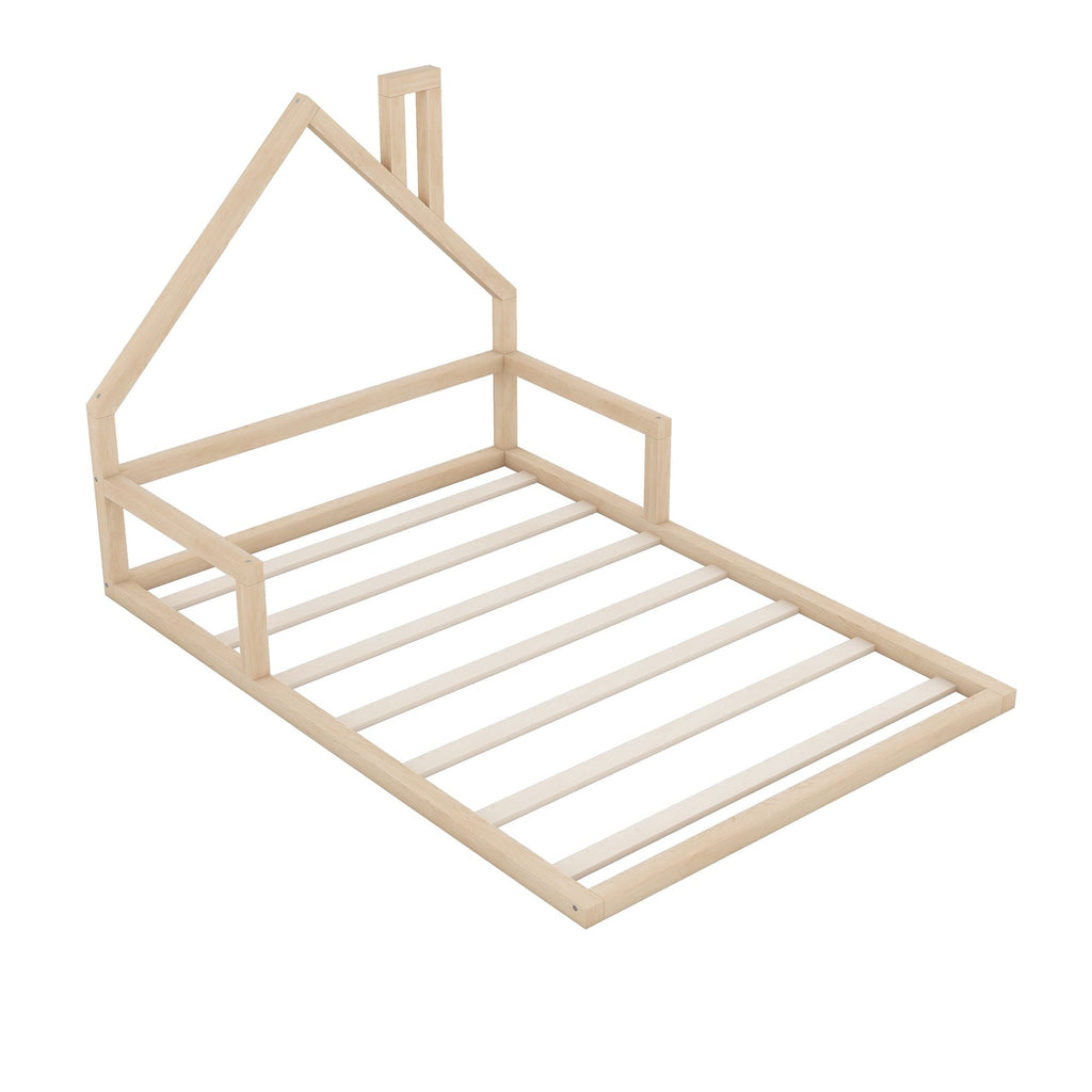 Full Size Wood Floor Bed with House - shaped Headboard - Comfortable Living Decor