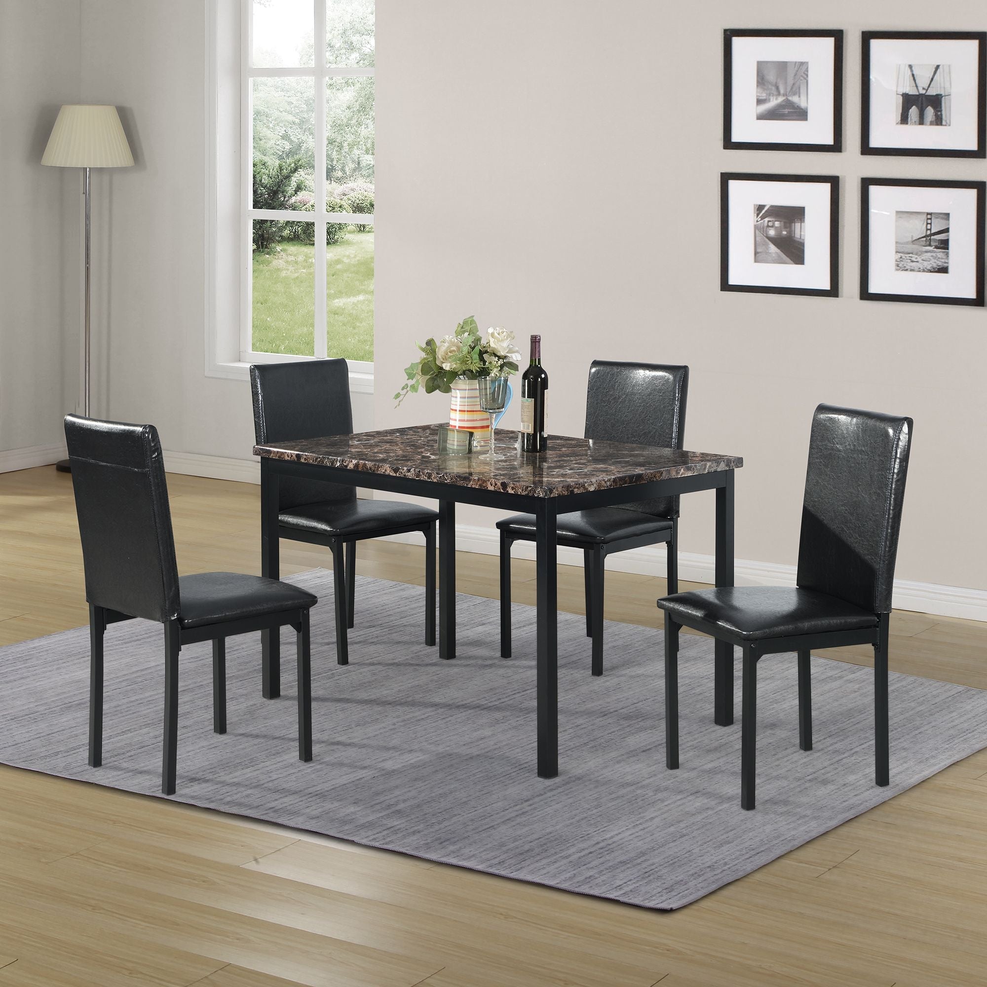 Furniture 5 Piece Metal Dinette Set with Faux Marble Top - Black - Comfortable Living Decor