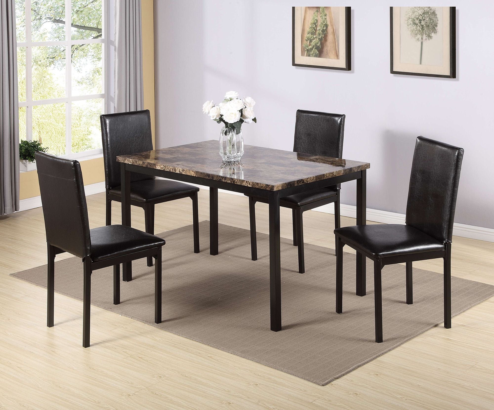 Furniture 5 Piece Metal Dinette Set with Faux Marble Top - Black - Comfortable Living Decor