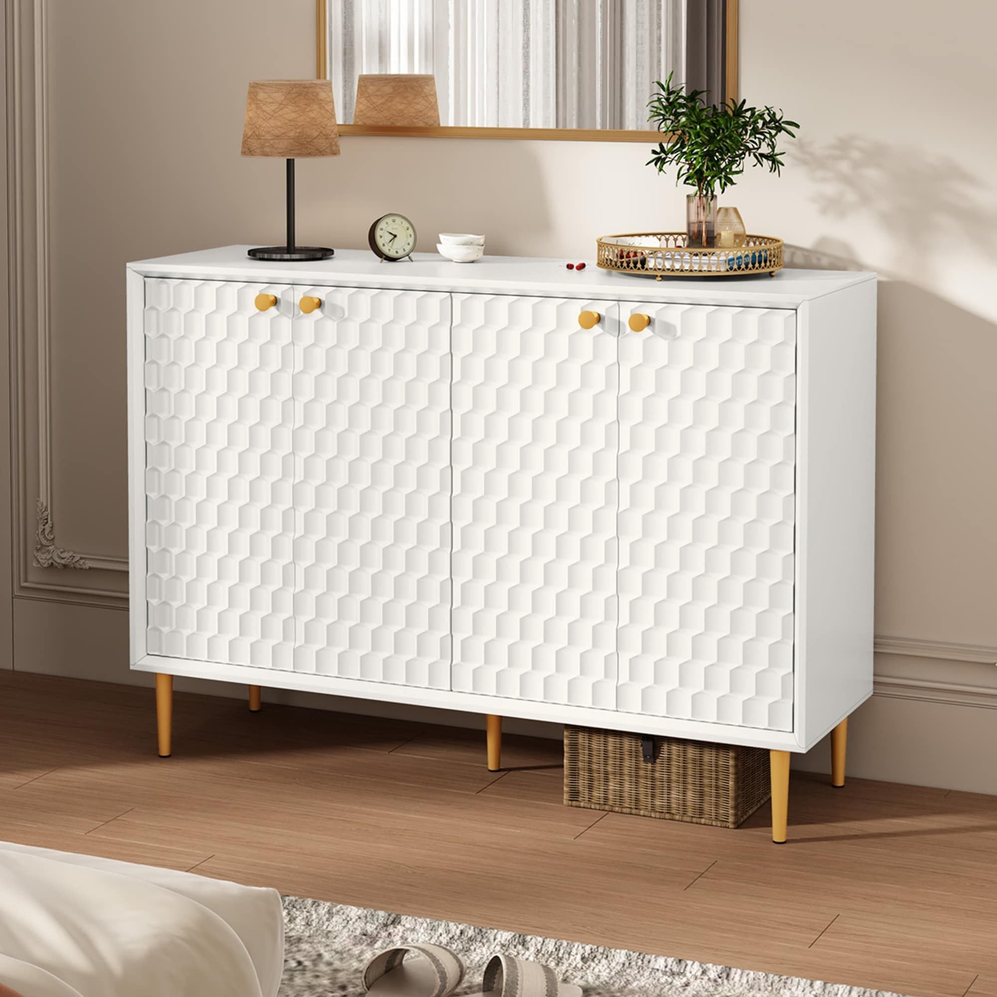 Hexagon Honeycomb Pattern Sideboard Cabinet with 4 Doors, Credenza Storage Cabinet, Modern Kitchen Buffet with Gold Metal Legs for Living Room, Dining Room & Entryway, Ivory White - Comfortable Living Decor