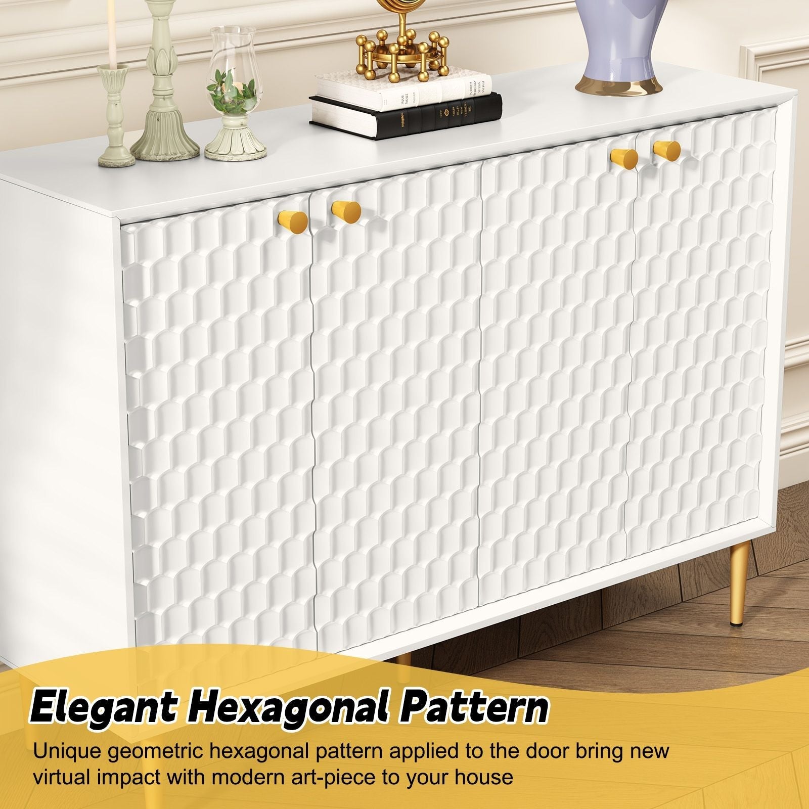 Hexagon Honeycomb Pattern Sideboard Cabinet with 4 Doors, Credenza Storage Cabinet, Modern Kitchen Buffet with Gold Metal Legs for Living Room, Dining Room & Entryway, Ivory White - Comfortable Living Decor