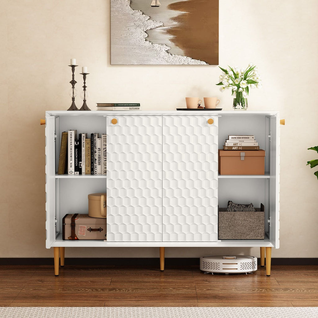 Hexagon Honeycomb Pattern Sideboard Cabinet with 4 Doors, Credenza Storage Cabinet, Modern Kitchen Buffet with Gold Metal Legs for Living Room, Dining Room & Entryway, Ivory White - Comfortable Living Decor
