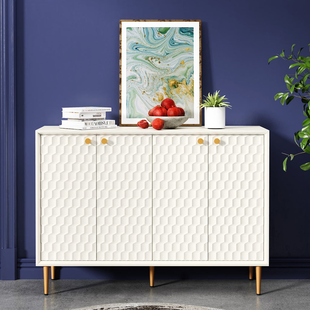 Hexagon Honeycomb Pattern Sideboard Cabinet with 4 Doors, Credenza Storage Cabinet, Modern Kitchen Buffet with Gold Metal Legs for Living Room, Dining Room & Entryway, Ivory White - Comfortable Living Decor
