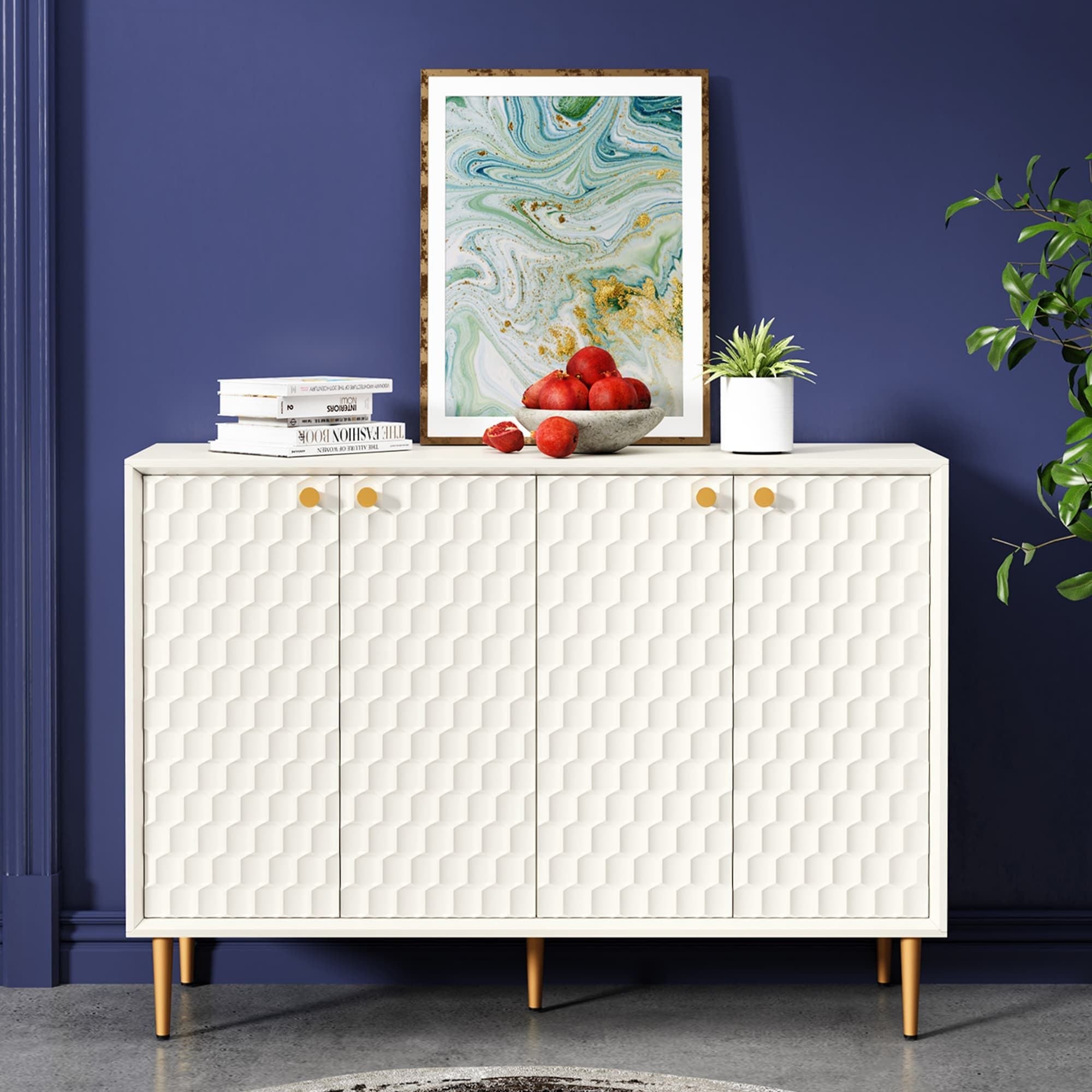 Hexagon Honeycomb Pattern Sideboard Cabinet with 4 Doors, Credenza Storage Cabinet, Modern Kitchen Buffet with Gold Metal Legs for Living Room, Dining Room & Entryway, Ivory White - Comfortable Living Decor
