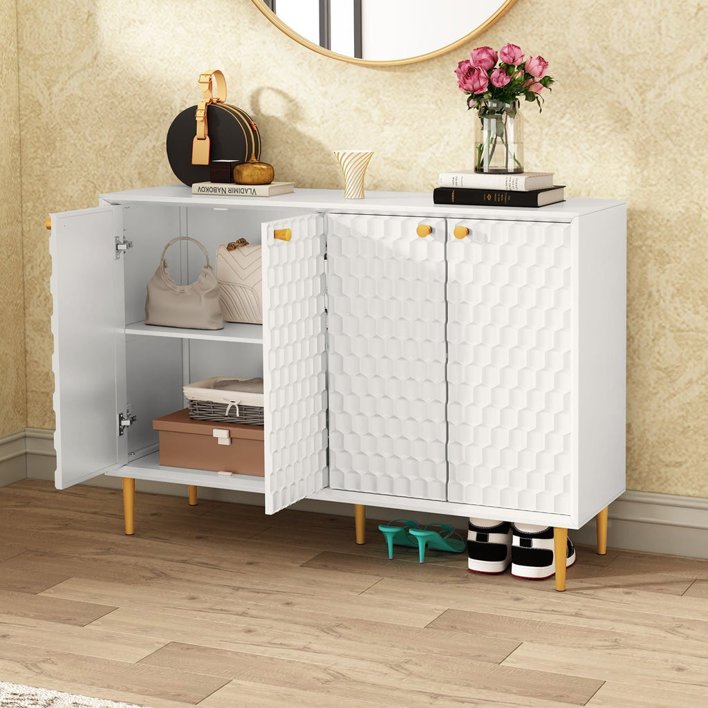 Hexagon Honeycomb Pattern Sideboard Cabinet with 4 Doors, Credenza Storage Cabinet, Modern Kitchen Buffet with Gold Metal Legs for Living Room, Dining Room & Entryway, Ivory White - Comfortable Living Decor