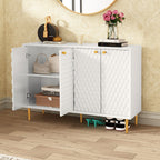 Hexagon Honeycomb Pattern Sideboard Cabinet with 4 Doors, Credenza Storage Cabinet, Modern Kitchen Buffet with Gold Metal Legs for Living Room, Dining Room & Entryway, Ivory White - Comfortable Living Decor