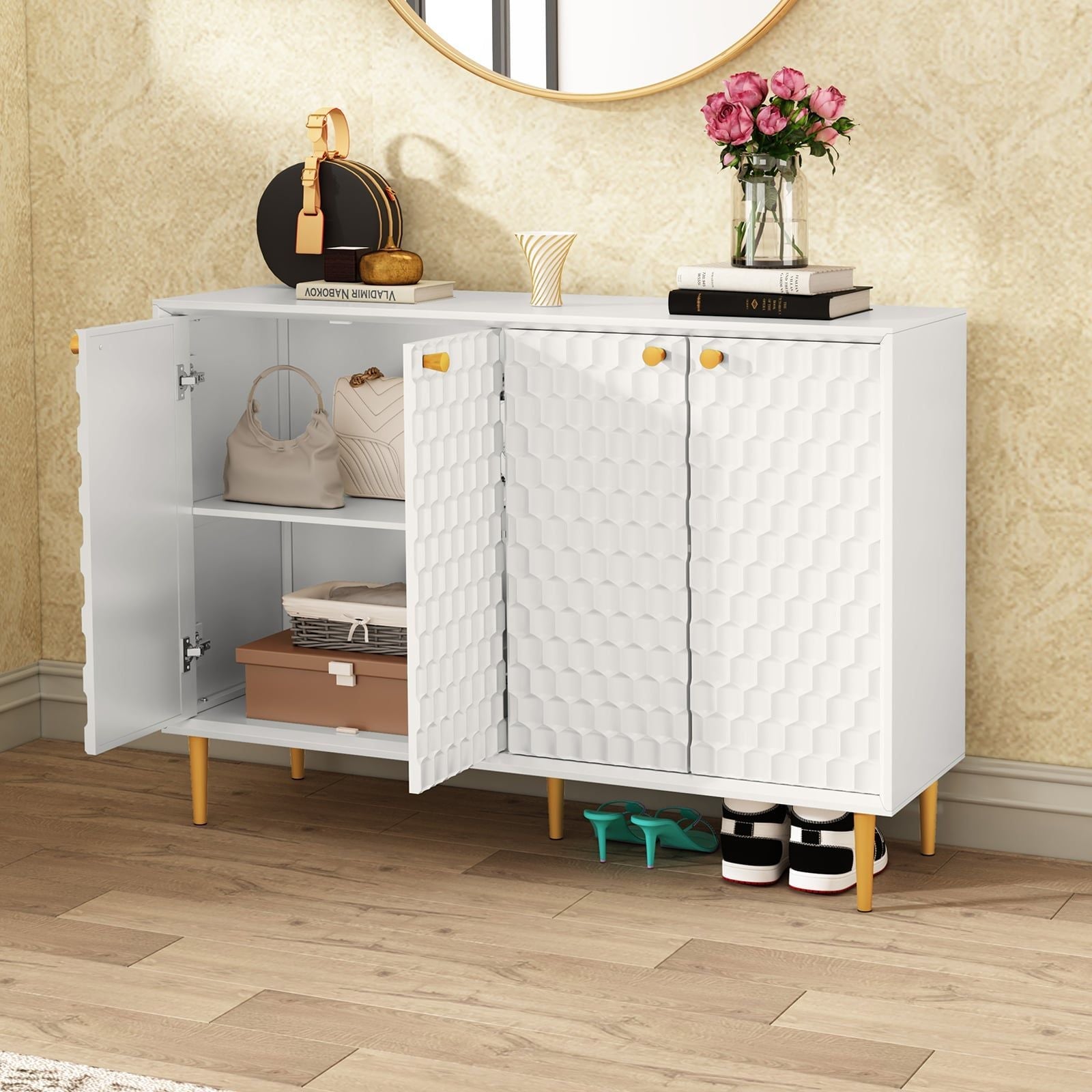 Hexagon Honeycomb Pattern Sideboard Cabinet with 4 Doors, Credenza Storage Cabinet, Modern Kitchen Buffet with Gold Metal Legs for Living Room, Dining Room & Entryway, Ivory White - Comfortable Living Decor
