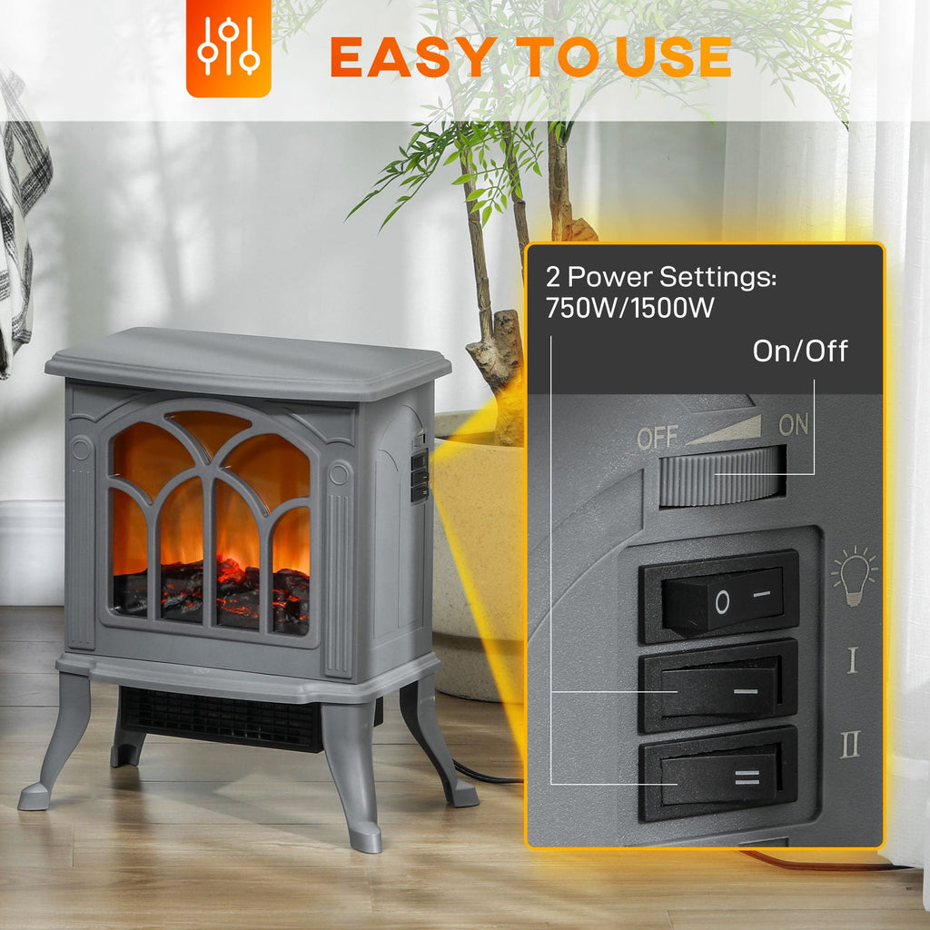 HOMCOM 17" Freestanding Electric Fireplace Stove, Fire Place Heater with Realistic Logs and Flame Effect and Overheat Protection, 750W/1500W, Gray - Comfortable Living Decor
