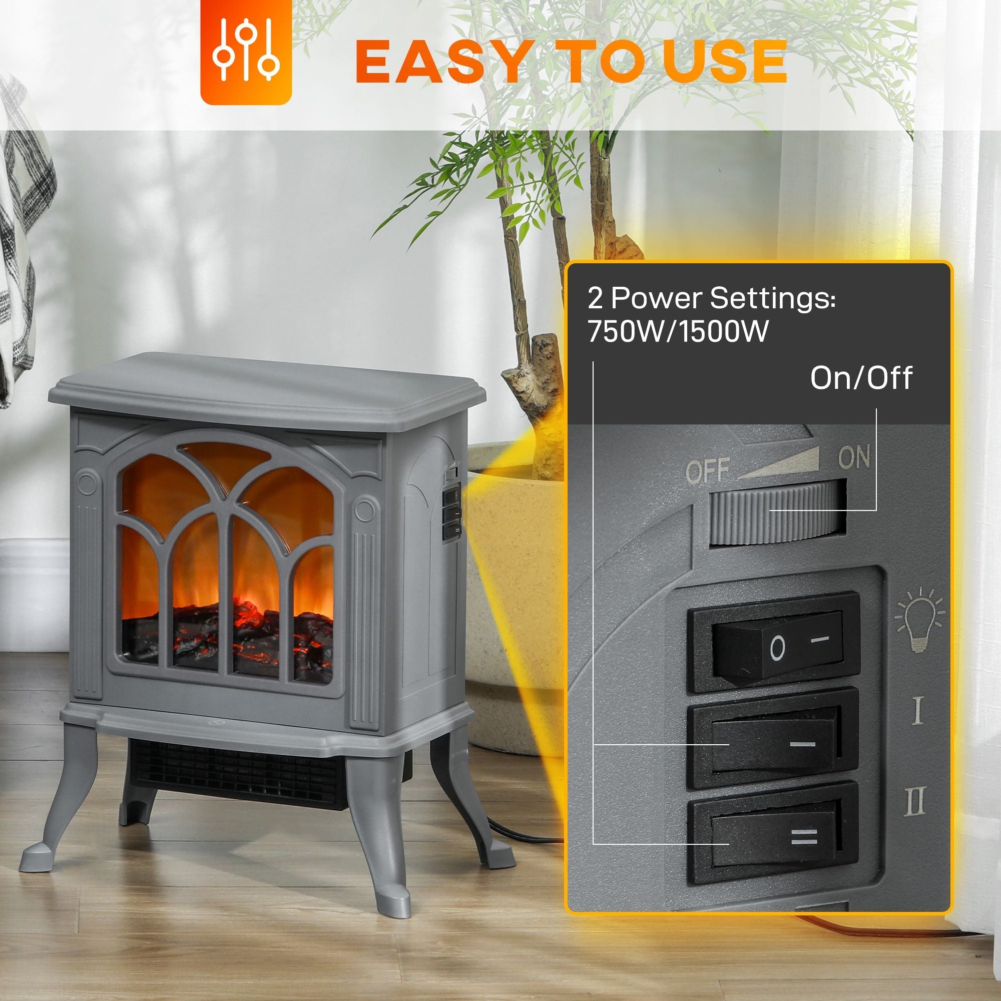 HOMCOM 17" Freestanding Electric Fireplace Stove, Fire Place Heater with Realistic Logs and Flame Effect and Overheat Protection, 750W/1500W, Gray - Comfortable Living Decor