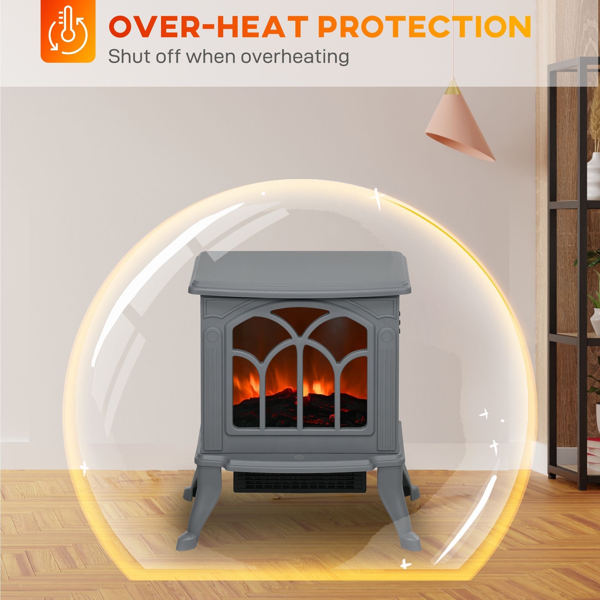 HOMCOM 17" Freestanding Electric Fireplace Stove, Fire Place Heater with Realistic Logs and Flame Effect and Overheat Protection, 750W/1500W, Gray - Comfortable Living Decor