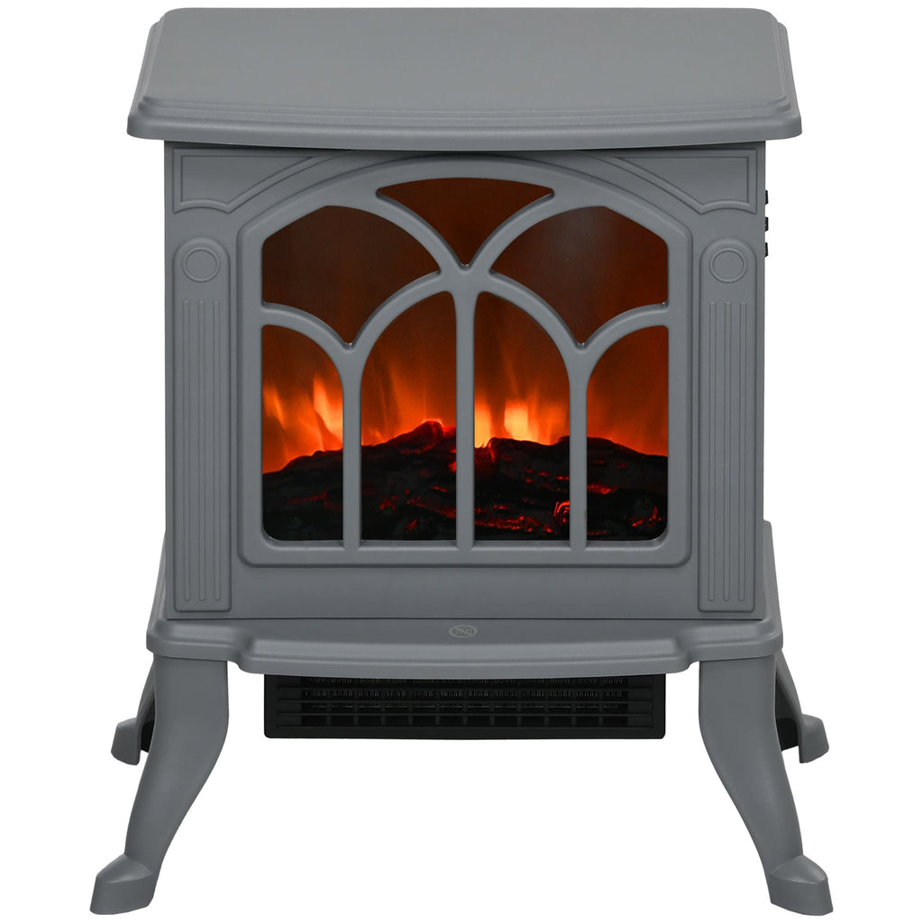 HOMCOM 17" Freestanding Electric Fireplace Stove, Fire Place Heater with Realistic Logs and Flame Effect and Overheat Protection, 750W/1500W, Gray - Comfortable Living Decor